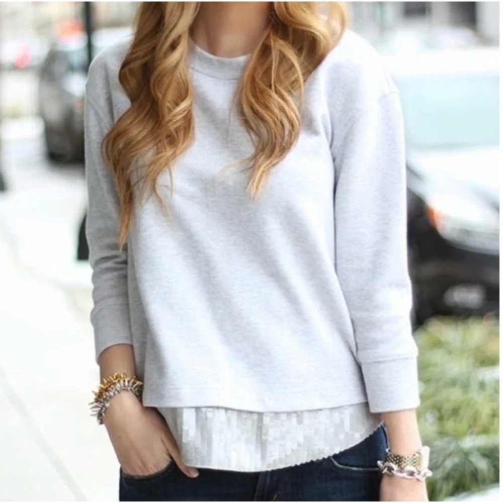 J.Crew Sequin Hem Sweatshirt Gray 3/4 Sleeve XS Preppy Holiday Sparkle